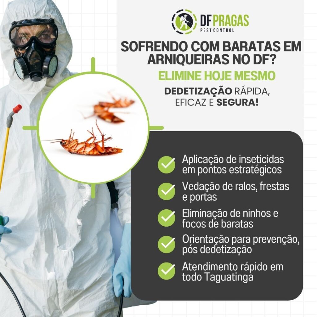 Imagem de técnico da DF PRAGAS aplicando dedetização contra baratas em Arniqueiras DF, com foco na eliminação de ninhos e vedação de frestas. Dedetizadora em Arniqueiras DF – Controle de Baratas com Garantia