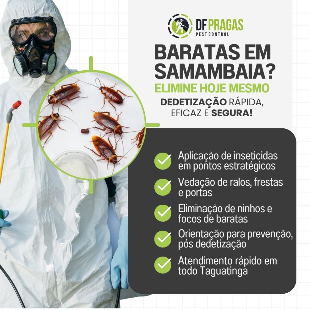 Técnico com equipamento de proteção realiza dedetização de baratas em Samambaia. Imagem da DF PRAGAS destacando os serviços profissionais e locais de controle de pragas.