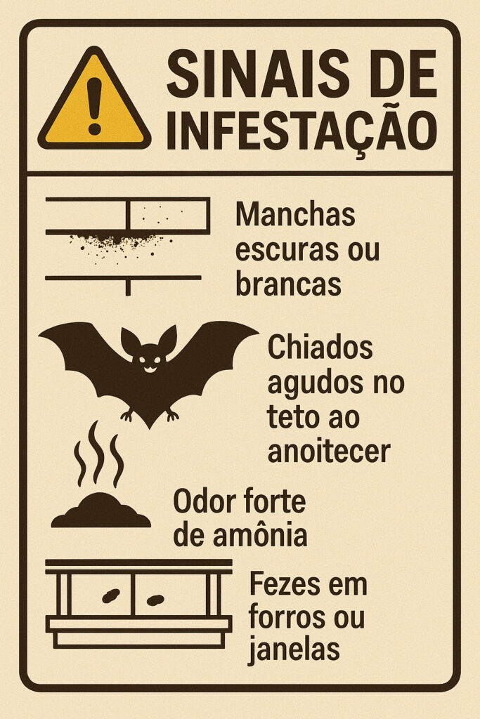 Placa informativa com sinais de infestação por morcegos, incluindo manchas escuras ou brancas, chiados noturnos, odor de amônia e fezes em forros ou janelas.