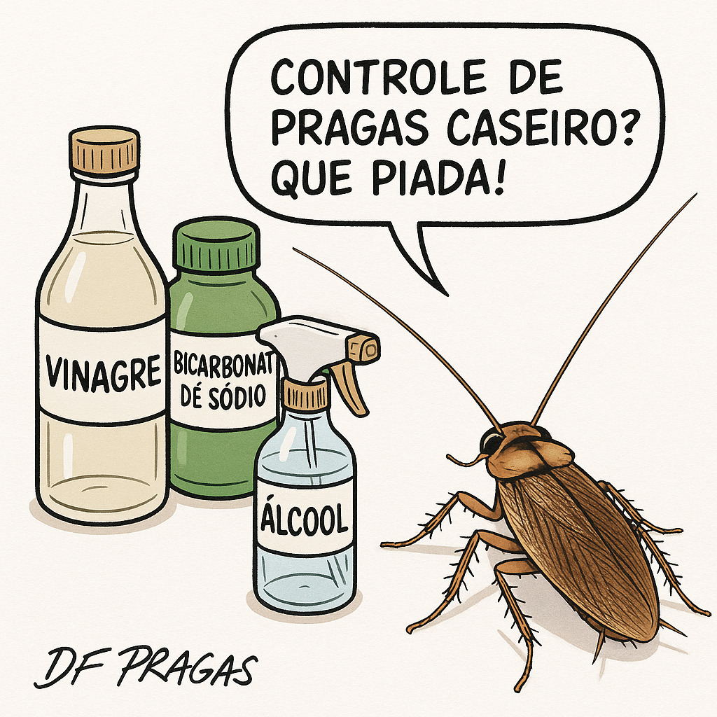 Ilustração humorística de uma barata ao lado de produtos caseiros como vinagre, bicarbonato de sódio e álcool, com a frase "Controle de pragas caseiro? Que piada!", ironizando a ineficácia de métodos caseiros de dedetização.