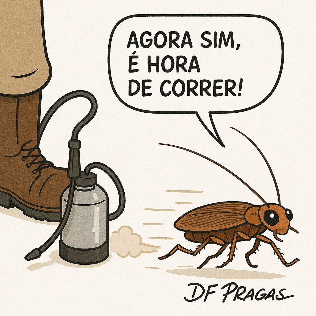 Ilustração satírica de uma barata francesinha fugindo de um dedetizador profissional com borrifador, representando o controle eficaz de pragas em Brasília.