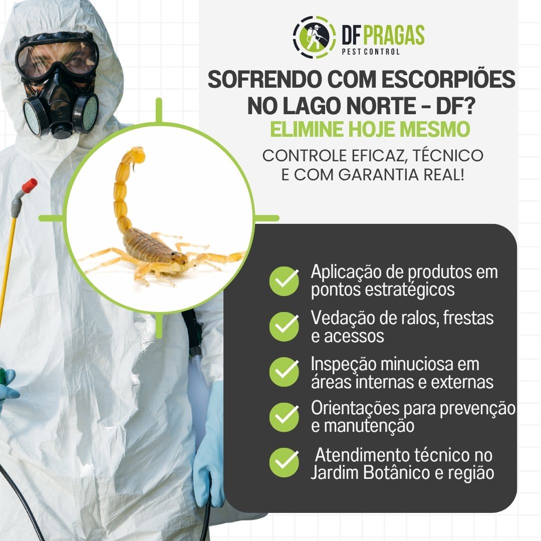 Profissional da DF PRAGAS aplicando produto para controle de escorpiões no Lago Norte.