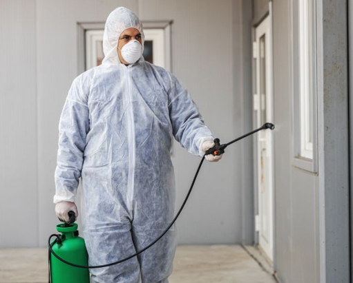 Técnico em dedetização aplicando inseticida em ambiente externo para controle de moscas em Brasília.