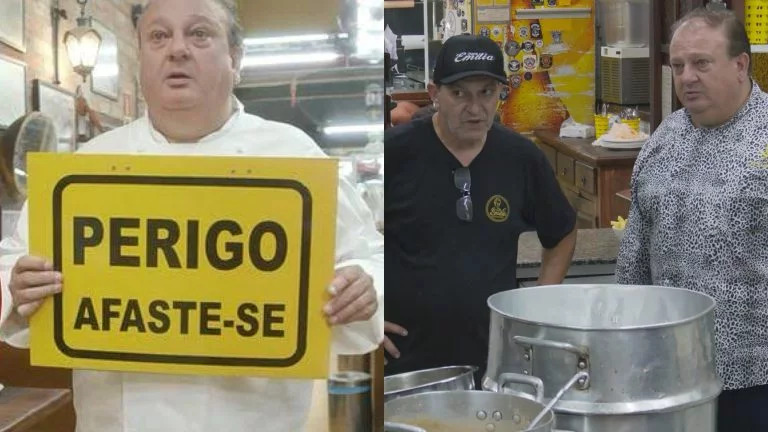 desratização em restaurante Imagem do programa Pesadelo na Cozinha em que o chef Jacquin segura uma placa de "Perigo – Afaste-se", ao lado de dois homens diante de uma panela industrial, ilustrando a urgência da desratização em restaurantes.