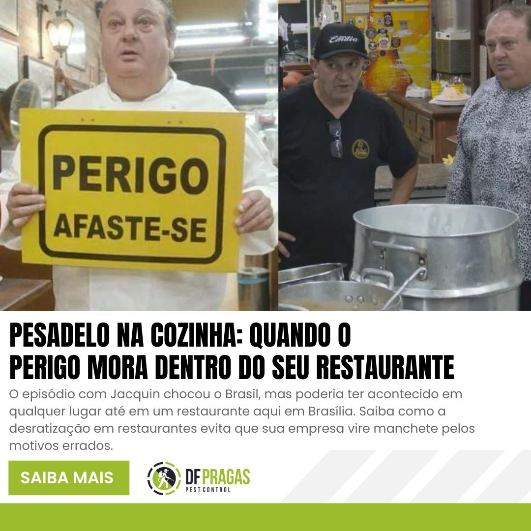 Chef Jacquin segura uma placa amarela com os dizeres "PERIGO AFASTE-SE", em cena do programa Pesadelo na Cozinha, dentro da cozinha do restaurante da Dona Emília, onde foi encontrado um cemitério de ratos.