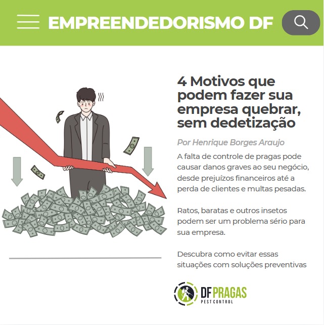 Ilustração destacando a importância da dedetização para evitar prejuízos financeiros em empresas, com gráfico de queda de lucro e um empresário preocupado.